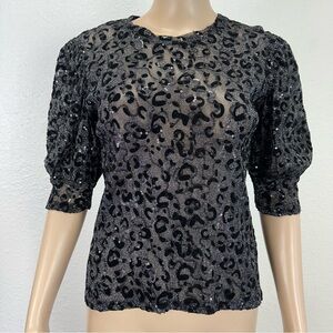 Zara Black Leopard Blouse Sheer Sparkle  Balloon Sleeves Sz S Whimsigoth sheer